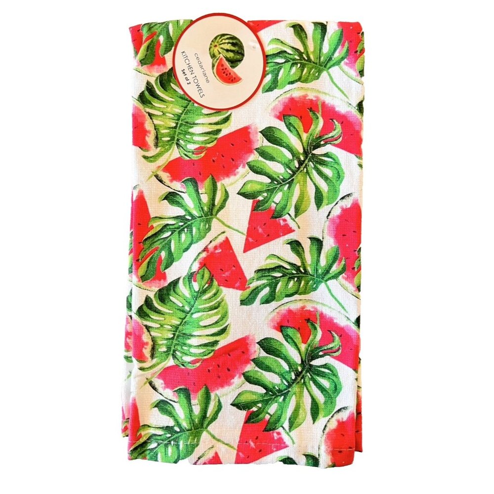 NEW Set 2 Kitchen Towels Cedar Lane WATERMELON & MONSTERA Leaf 100% Cotton
